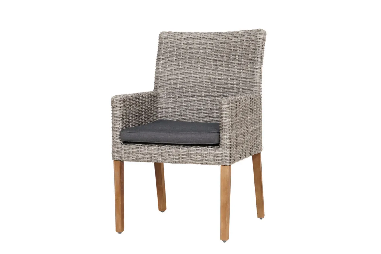 OUTFLEXX Borneo/Kota Garten-Essgruppe, natur/grau-meliert, Akazie/Alu/Polyrattan, 180x90cm, 3 Cocktailsessel, 3 Landhaussessel, FSC®-zertifiziertes Produkt