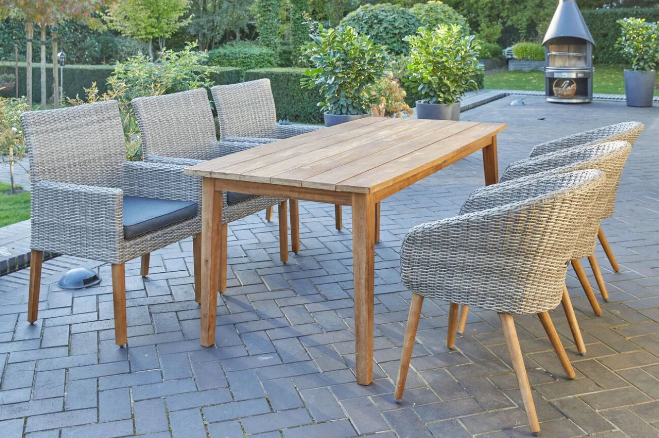 OUTFLEXX Borneo/Kota Garten-Essgruppe, natur/grau-meliert, Akazie/Alu/Polyrattan, 180x90cm, 3 Cocktailsessel, 3 Landhaussessel, FSC®-zertifiziertes Produkt
