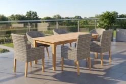 OUTFLEXX Borneo/Kota Garten-Essgruppe, natur/grau-meliert, Akazie/Alu/Polyrattan, 220x100 cm, 3 Cocktail-, 3 Landhaussessel, FSC®-zertifiziertes Produkt