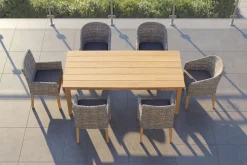 OUTFLEXX Borneo/Kota Garten-Essgruppe, natur/grau-meliert, Akazie/Alu/Polyrattan, 220x100 cm, 3 Cocktail-, 3 Landhaussessel, FSC®-zertifiziertes Produkt