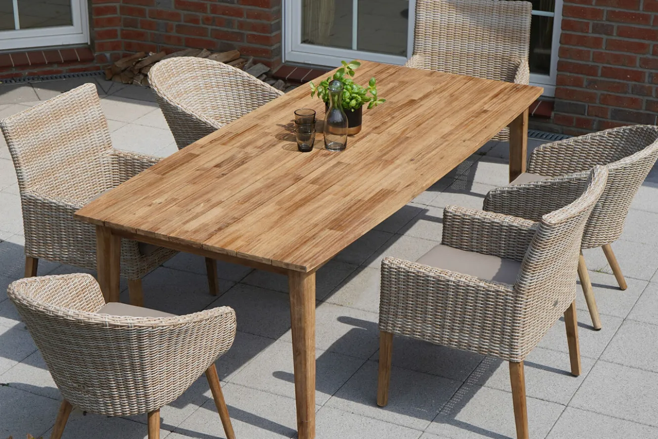 OUTFLEXX Borneo Set, beige-meliert, Polyrattan/Akazie, Tisch 220 x 100 cm, 3 Cocktail-, 3 Landhaussessel, FSC®-zertifiziertes Produkt