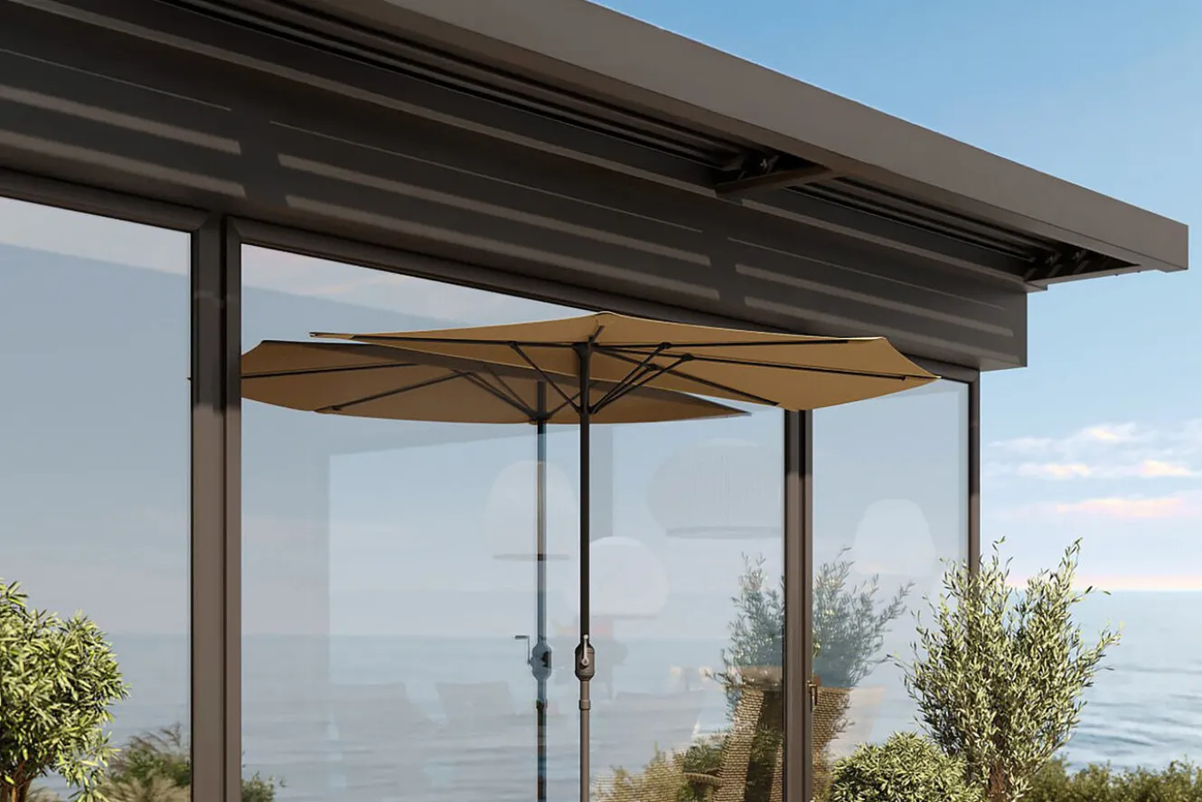 OUTFLEXX Cambridge Halbschirm, khaki/dunkelgrau, Aluminium/Stahl/Polyester, Ø 270 cm, mit Kurbel, UV50+, platzsparend