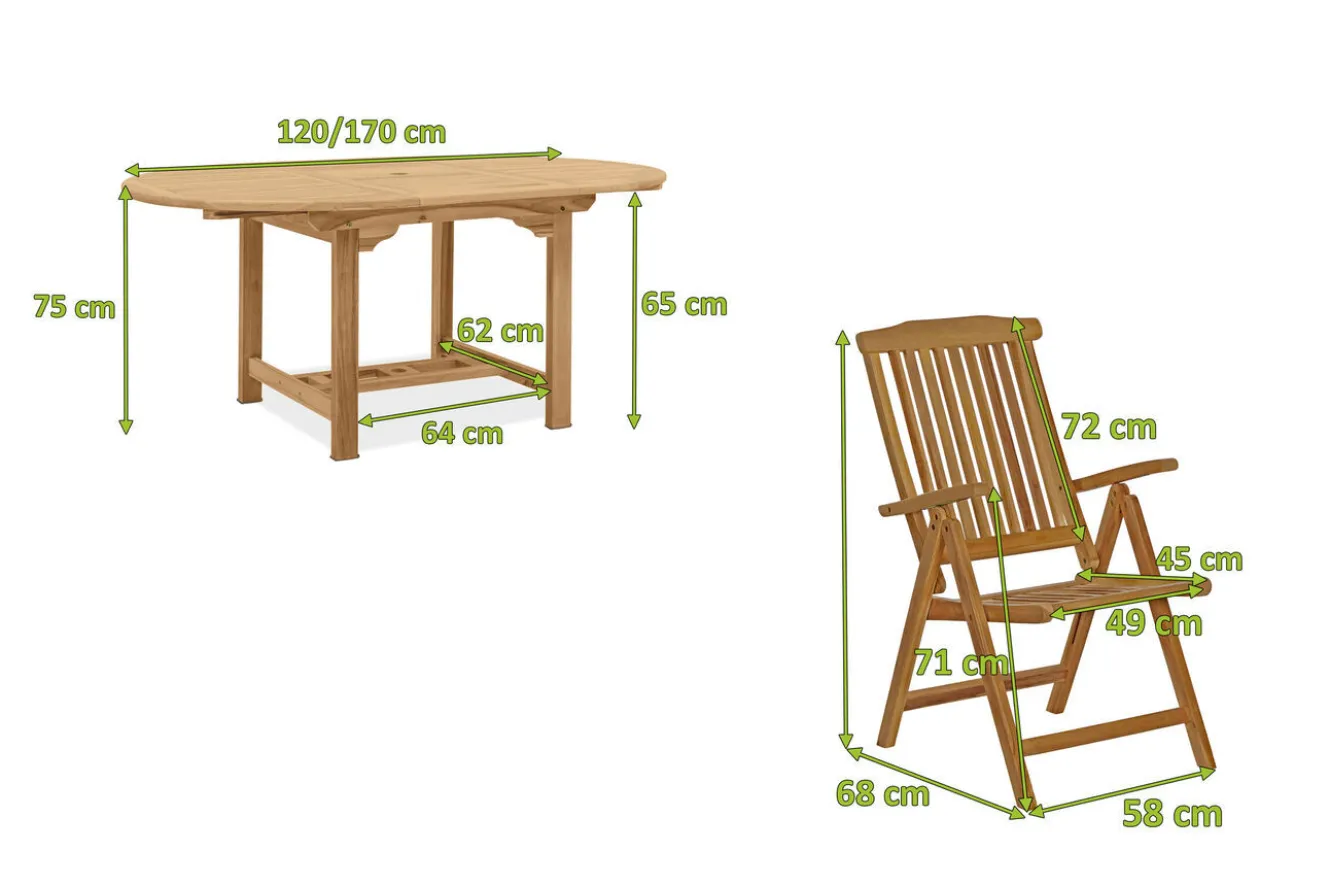 OUTFLEXX Dallas/Bounty Garten-Essgruppe, natur, Teak, 120/170x120 cm, 4x Klappstuhl