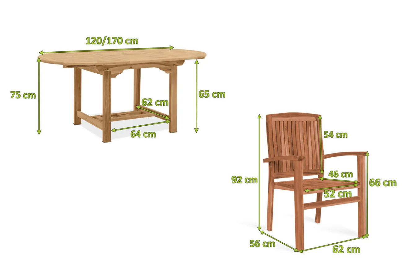 OUTFLEXX Dallas/Washington Garten-Essgruppe, natur, Teak, 120/170x120 cm, 6x Stapelsessel