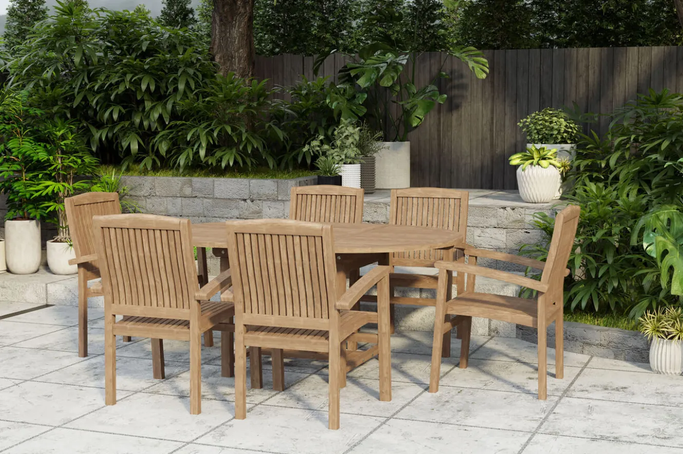 OUTFLEXX Dallas/Washington Garten-Essgruppe, natur, Teak, 120/170x120 cm, 6x Stapelsessel
