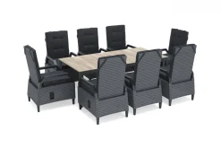 OUTFLEXX Darwin Garten-Essgruppe mit 8 Dining Sesseln, anthrazit/grau, Alu/Polyrattan, Tisch 200 x 100 cm, verstellbare Rückenlehne
