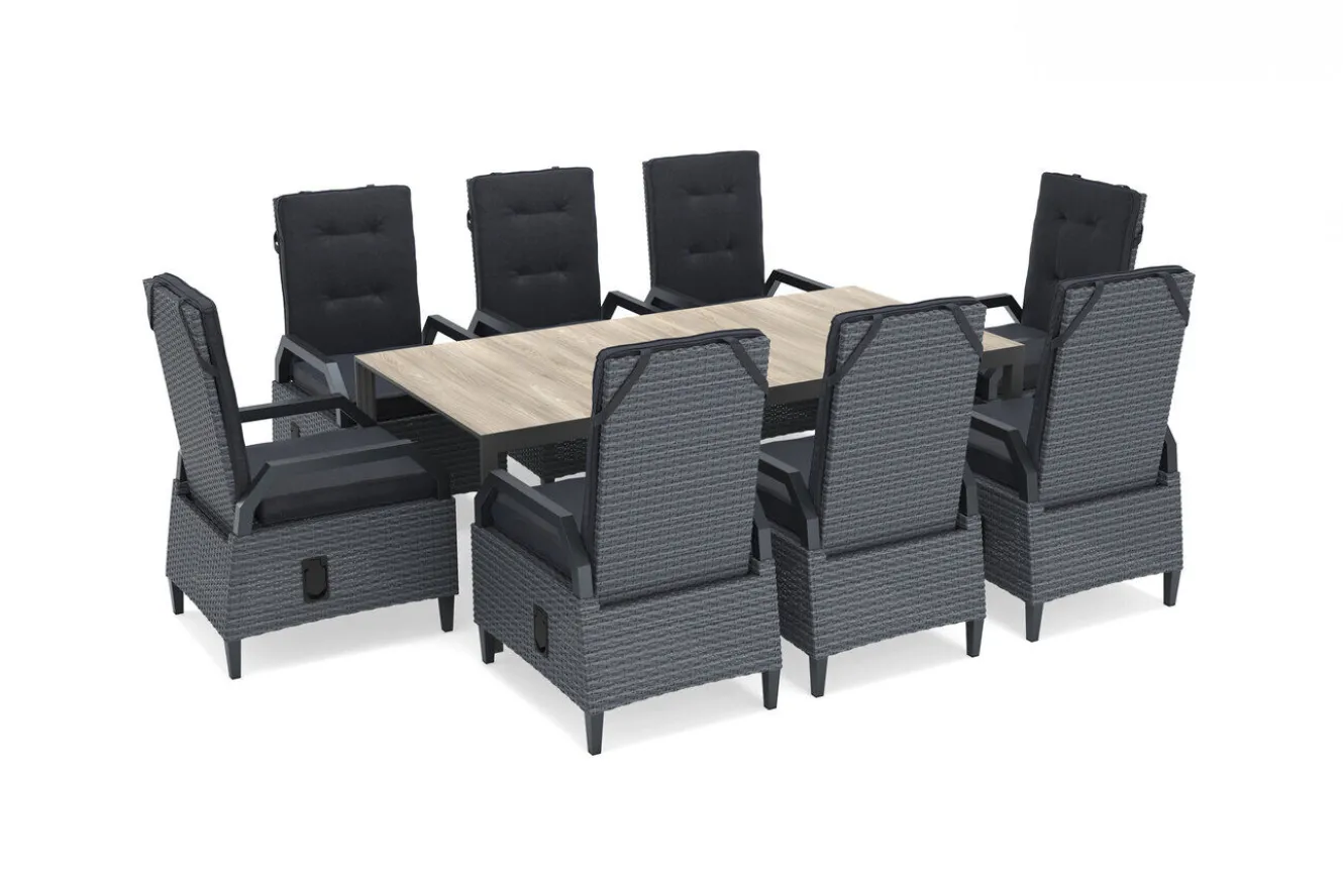 OUTFLEXX Darwin Garten-Essgruppe mit 8 Dining Sesseln, anthrazit/grau, Alu/Polyrattan, Tisch 200 x 100 cm, verstellbare Rückenlehne