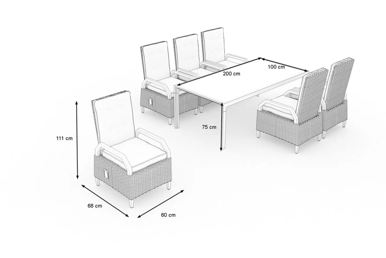 OUTFLEXX Darwin Garten-Essgruppe mit 6 Dining Sesseln, anthrazit/grau, Alu/Polyrattan, Tisch 200 x 100 cm, verstellbare Rückenlehne
