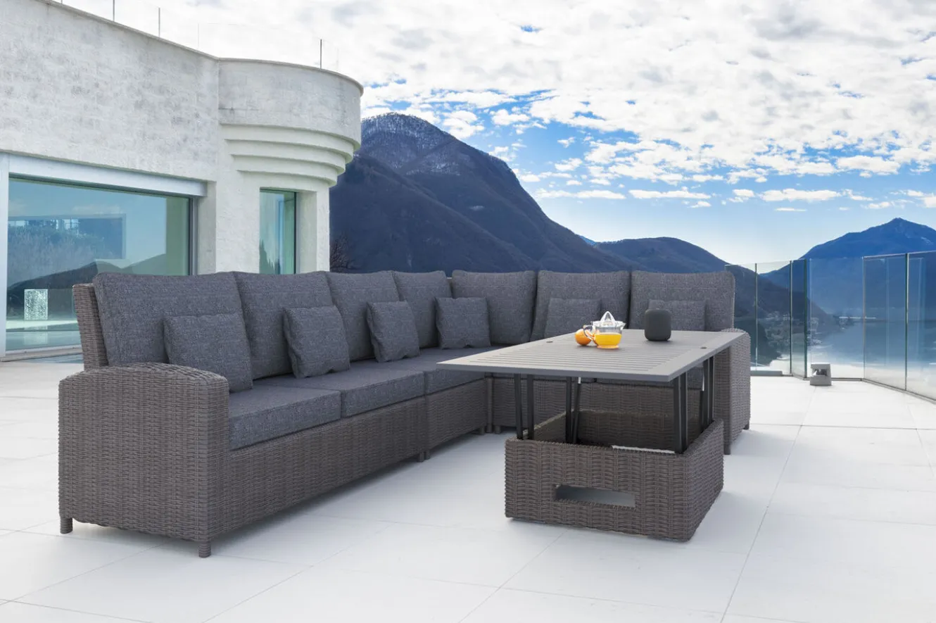 OUTFLEXX Dining-Lounge, grau, Polyrattan, 5-6 Personen, höhenverstellbarer Loungetisch, inkl. Polster