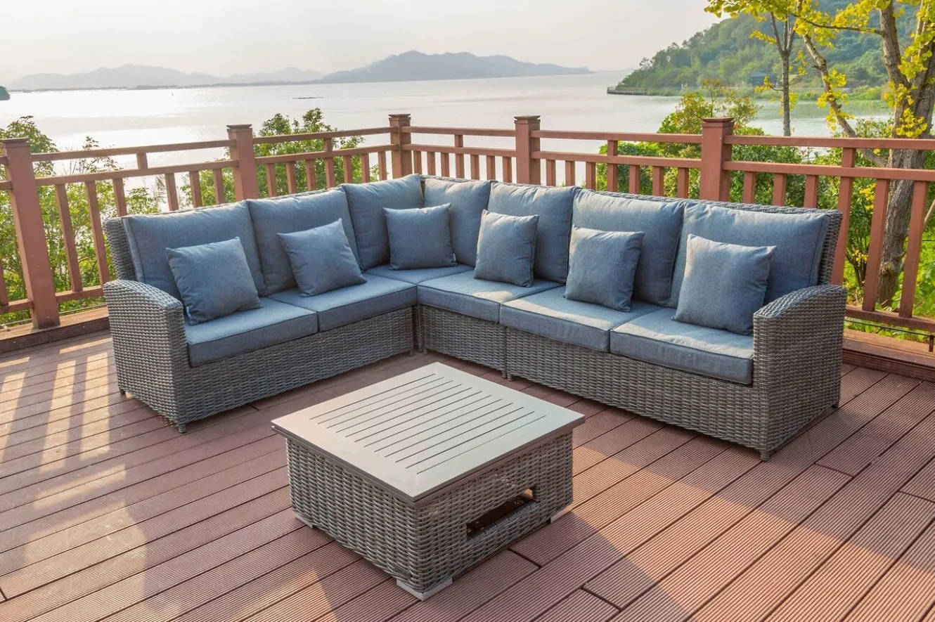 OUTFLEXX Dining-Lounge, grau, Polyrattan, 5-6 Personen, höhenverstellbarer Loungetisch, inkl. Polster