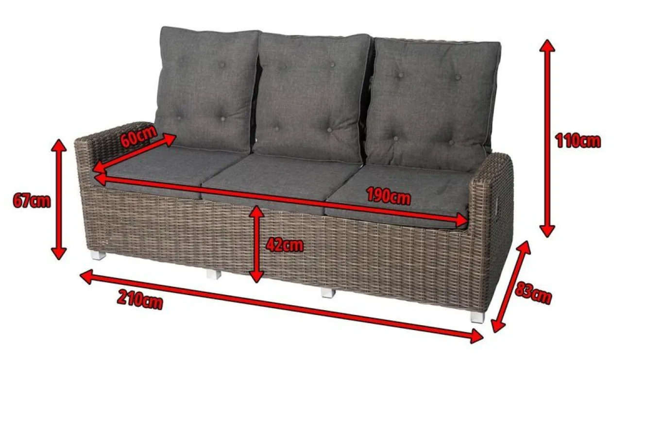 OUTFLEXX Dining 3-Sitzer Sofa, grau, Polyrattan, 210 x 83 x 110 cm, mehrfach verstellbar