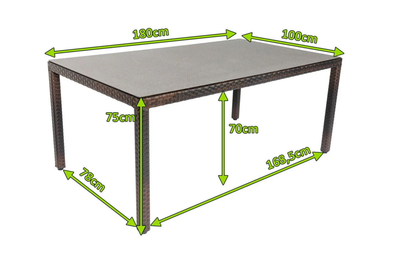 OUTFLEXX Dining Tisch, braun marmoriert, Polyrattan, 180 x 100 cm, Tischplatte Spraystone, 6mm