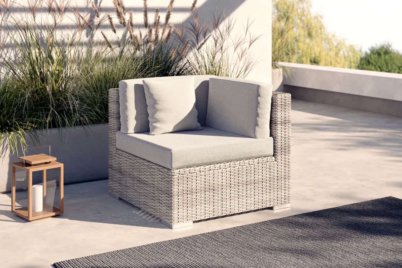 OUTFLEXX Eckelement, desert-beige, Aluminium/Polyrattan/Polyester, 84.5 x 84 x 69.5 cm, pflegeleicht, mit Kissenboxfunktion