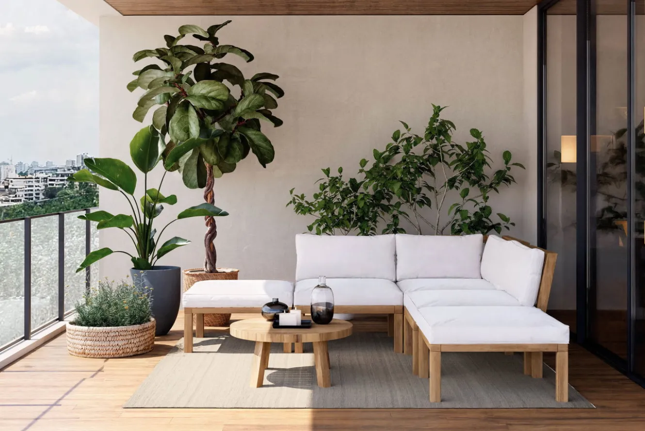 OUTFLEXX Ecklounge, Akazie, 5 Personen, inkl. Tisch ø 80 cm und Polster aus Olefin in hellbraun, FSC®-zertifiziertes Produkt