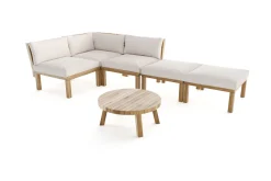 OUTFLEXX Ecklounge, Akazie, 5 Personen, inkl. Tisch ø 80 cm und Polster aus Olefin in hellbraun, FSC®-zertifiziertes Produkt