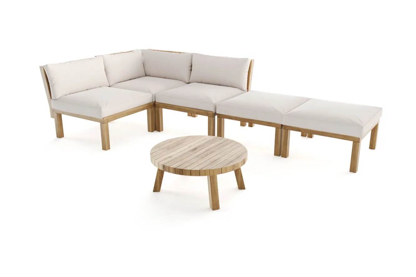 OUTFLEXX Ecklounge, Akazie, 5 Personen, inkl. Tisch ø 80 cm und Polster aus Olefin in hellbraun, FSC®-zertifiziertes Produkt