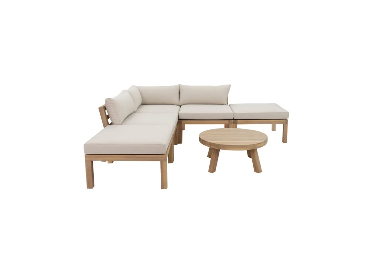 OUTFLEXX Ecklounge, Akazie, 5 Personen, inkl. Tisch ø 80 cm und Polster aus Olefin in hellbraun, FSC®-zertifiziertes Produkt