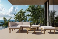 OUTFLEXX Ecklounge, Akazie, 5 Personen, inkl. Tisch ø 80 cm und Polster aus Olefin in hellbraun, FSC®-zertifiziertes Produkt