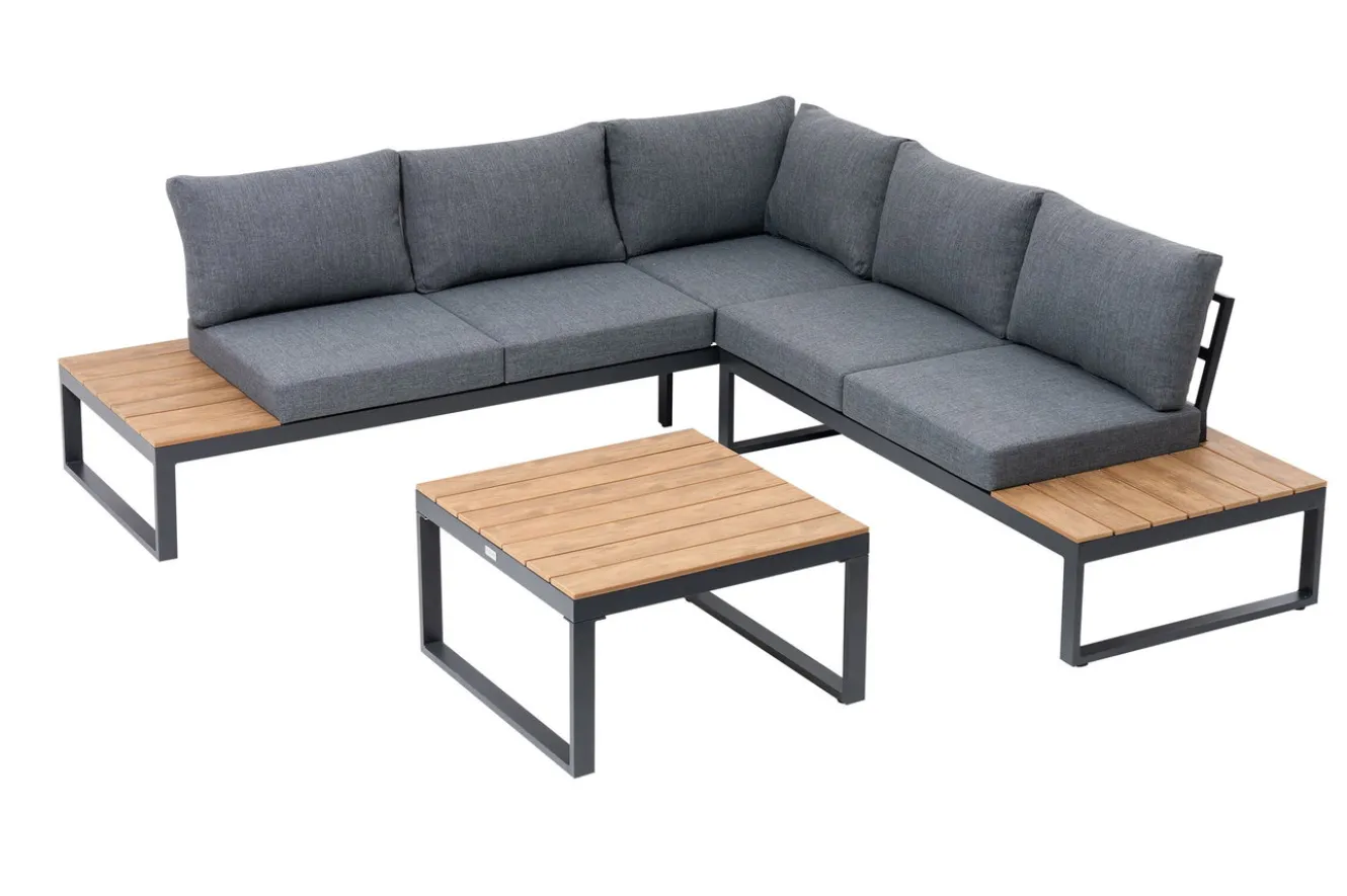 OUTFLEXX Ecklounge, anthrazit matt, Alu/Holzoptik, 5 Personen, Seitenablage