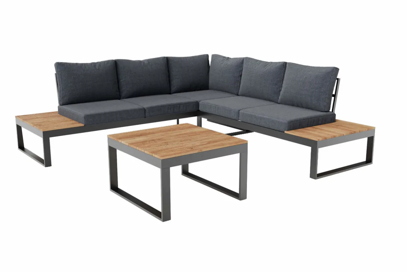 OUTFLEXX Ecklounge, anthrazit matt, Alu/Holzoptik, 5 Personen, Seitenablage