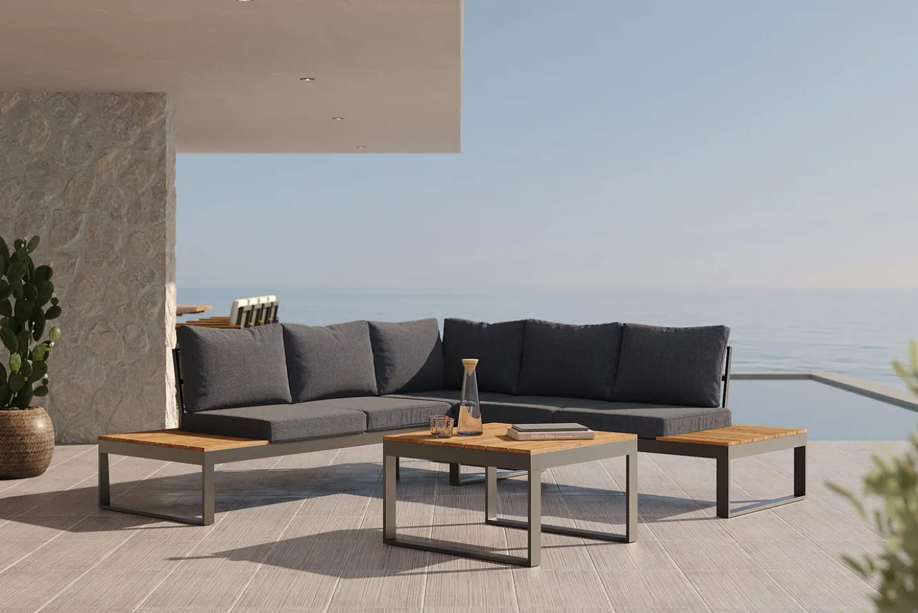 OUTFLEXX Ecklounge, anthrazit matt, Alu/Holzoptik, 5 Personen, Seitenablage