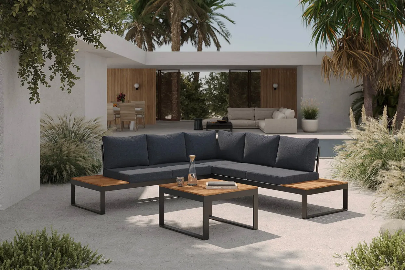 OUTFLEXX Ecklounge, anthrazit matt, Alu/Holzoptik, 5 Personen, Seitenablage