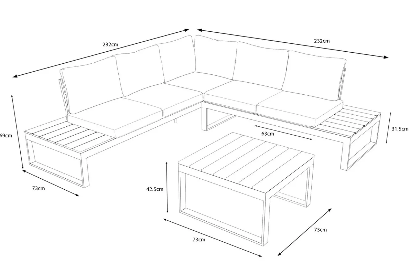 OUTFLEXX Ecklounge, anthrazit matt, Alu/Holzoptik, 5 Personen, Seitenablage