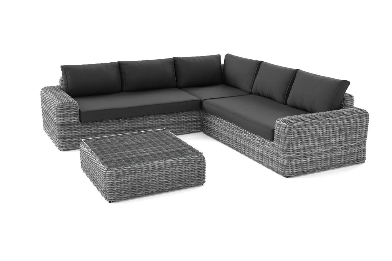 OUTFLEXX Ecklounge, grauweiß/anthrazit, Polyrattan, 6 Personen, inkl. Tisch/Hocker 90 x 90 cm und Polster aus Olefin in anthrazit