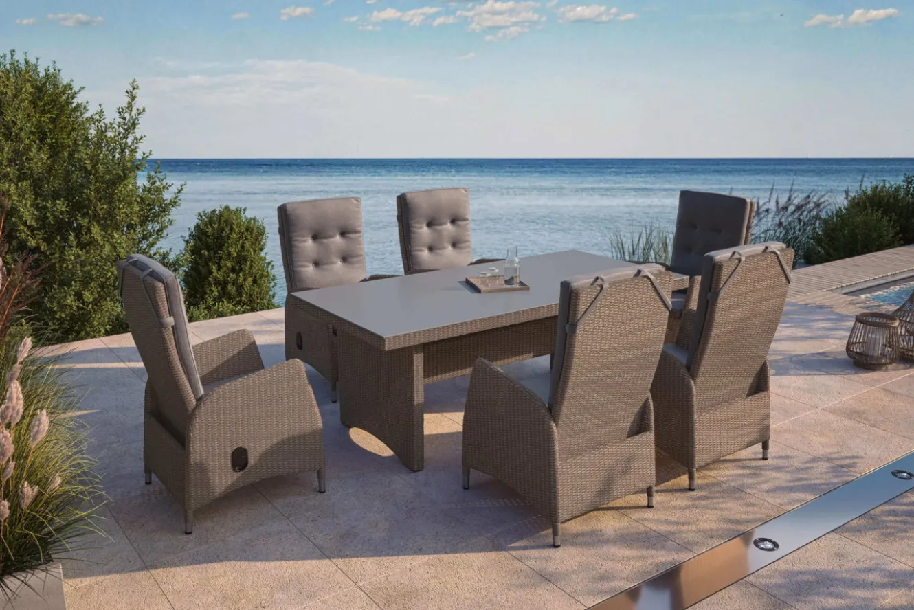 OUTFLEXX Elba Garten-Essgruppe, champagner-meliert/savanna, 200 x 95 cm, Polyrattan/Alu