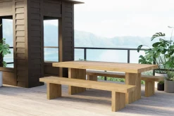 OUTFLEXX Encino Garten-Essgruppe, recyceltes Teak, Tisch 220x100cm, 2 Bänke 220x40cm, Gebürstet, Hohe Belastbarkeit, FSC®-zertifiziertes Produkt
