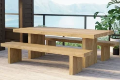 OUTFLEXX Encino Garten-Essgruppe, recyceltes Teak, Tisch 220x100cm, 2 Bänke 220x40cm, Gebürstet, Hohe Belastbarkeit, FSC®-zertifiziertes Produkt