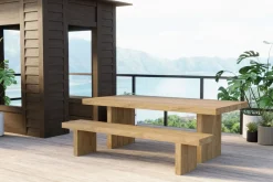 OUTFLEXX Encino Garten-Essgruppe, natur/recyceltes Teak, Bank 220x50, Tisch 220x107, Gebürstet, Recycled, FSC®-zertifiziertes Produkt