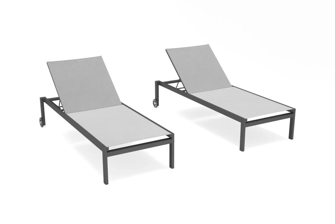 OUTFLEXX 2er-Set Gartenliege, grau/schwarz, Alu/Textilene, 190 x 80 cm, rollbar, verstellbare Rückenlehne
