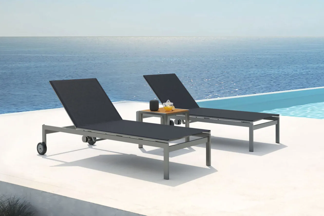 OUTFLEXX 2er-Set Rollliege, schwarz, Edelstahl/Teak, 212x71x36cm, mit Beistelltisch 45x45cm, FSC®-zertifiziertes Produkt