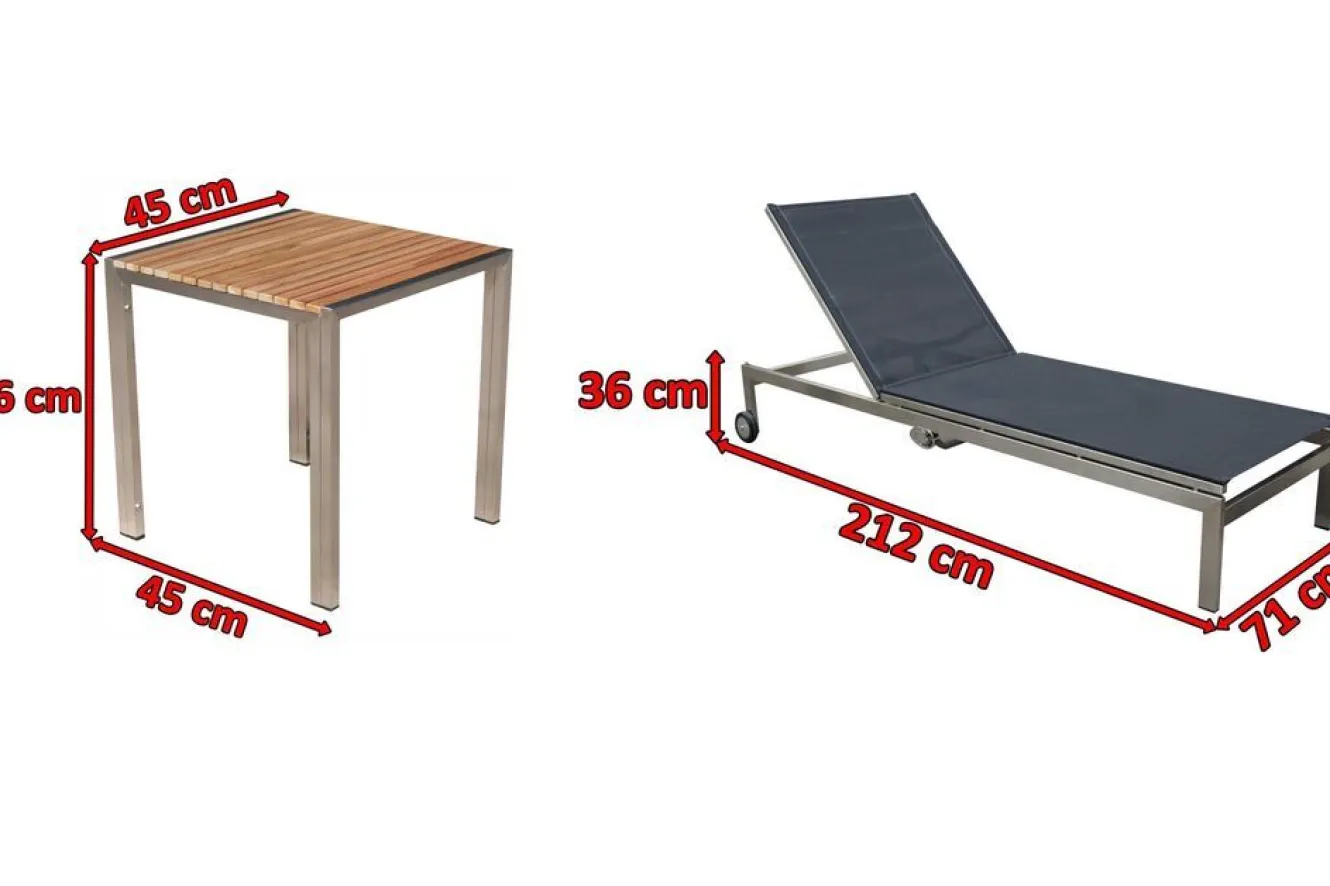 OUTFLEXX 2er-Set Rollliege, schwarz, Edelstahl/Teak, 212x71x36cm, mit Beistelltisch 45x45cm, FSC®-zertifiziertes Produkt
