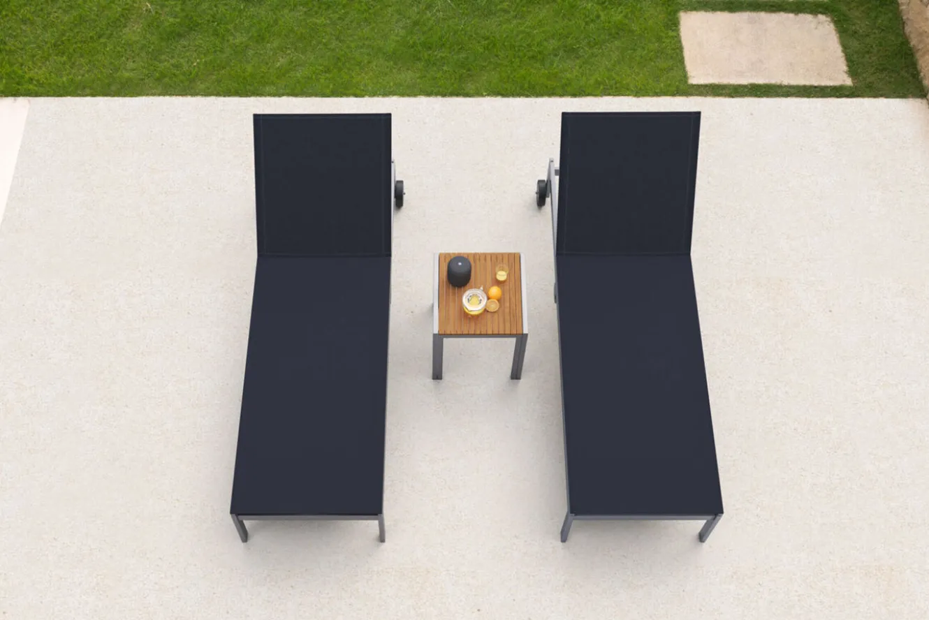 OUTFLEXX 2er-Set Rollliege, schwarz, Edelstahl/Teak, 212x71x36cm, mit Beistelltisch 45x45cm, FSC®-zertifiziertes Produkt