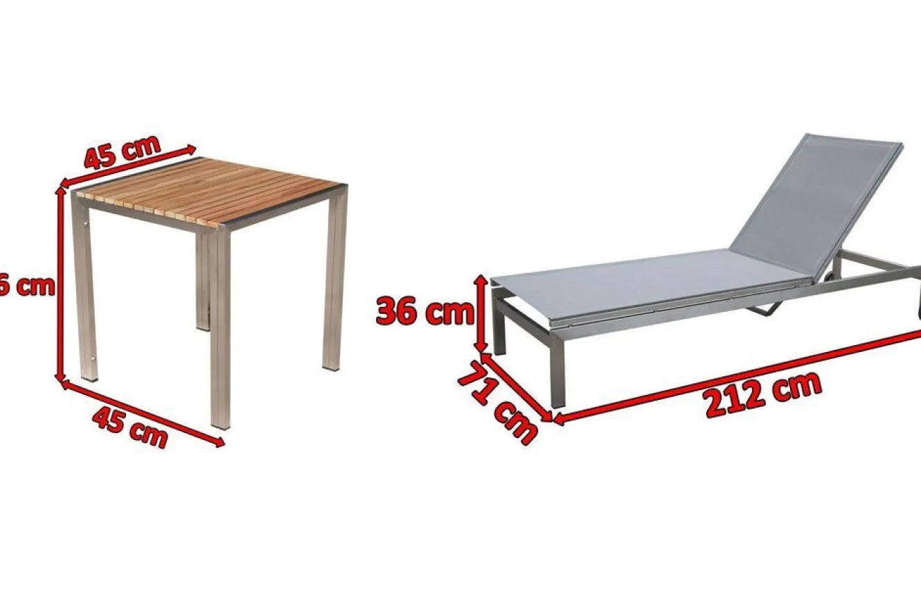 OUTFLEXX 2er-Set Rollliege, silber, Edelstahl/Teak, 212x71x36 cm, mit Beistelltisch 45x45cm, FSC®-zertifiziertes Produkt