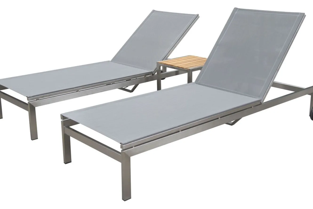 OUTFLEXX 2er-Set Rollliege, silber, Edelstahl/Teak, 212x71x36 cm, mit Beistelltisch 45x45cm, FSC®-zertifiziertes Produkt