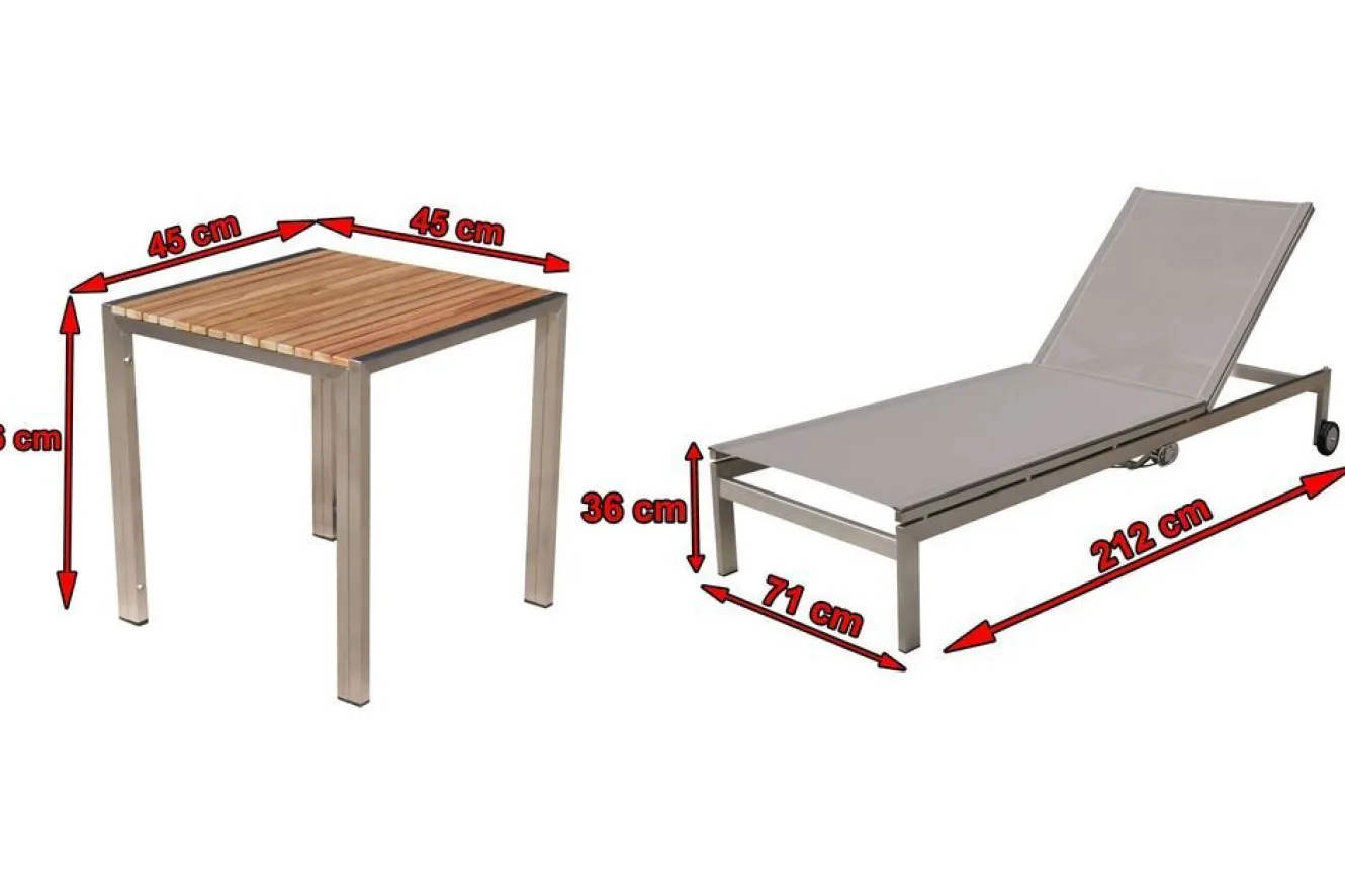 OUTFLEXX 2er-Set Rollliege, taupe, Edelstahl/Teak, 212x71x36cm, mit Beistelltisch 45x45cm, FSC®-zertifiziertes Produkt