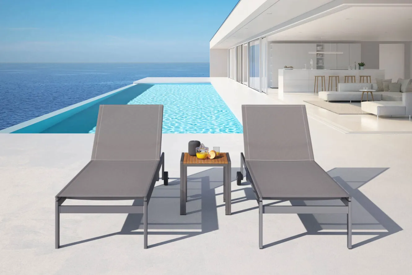 OUTFLEXX 2er-Set Rollliege, taupe, Edelstahl/Teak, 212x71x36cm, mit Beistelltisch 45x45cm, FSC®-zertifiziertes Produkt