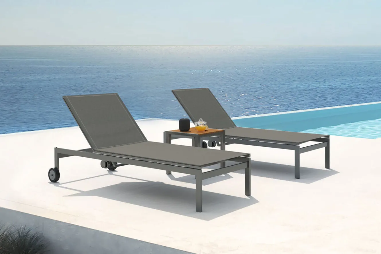 OUTFLEXX 2er-Set Rollliege, taupe, Edelstahl/Teak, 212x71x36cm, mit Beistelltisch 45x45cm, FSC®-zertifiziertes Produkt
