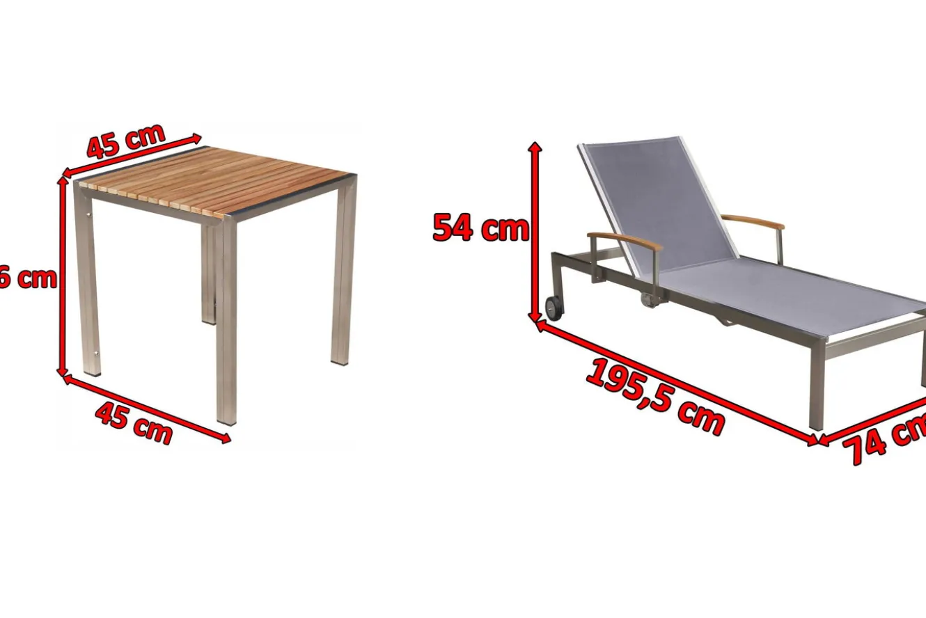 OUTFLEXX 2er-Set Sonnenliegen, taupe, Edelstahl/Textilene, 195 x 74 cm, mit Beistelltisch 45 x 45 cm, FSC®-zertifiziertes Produkt