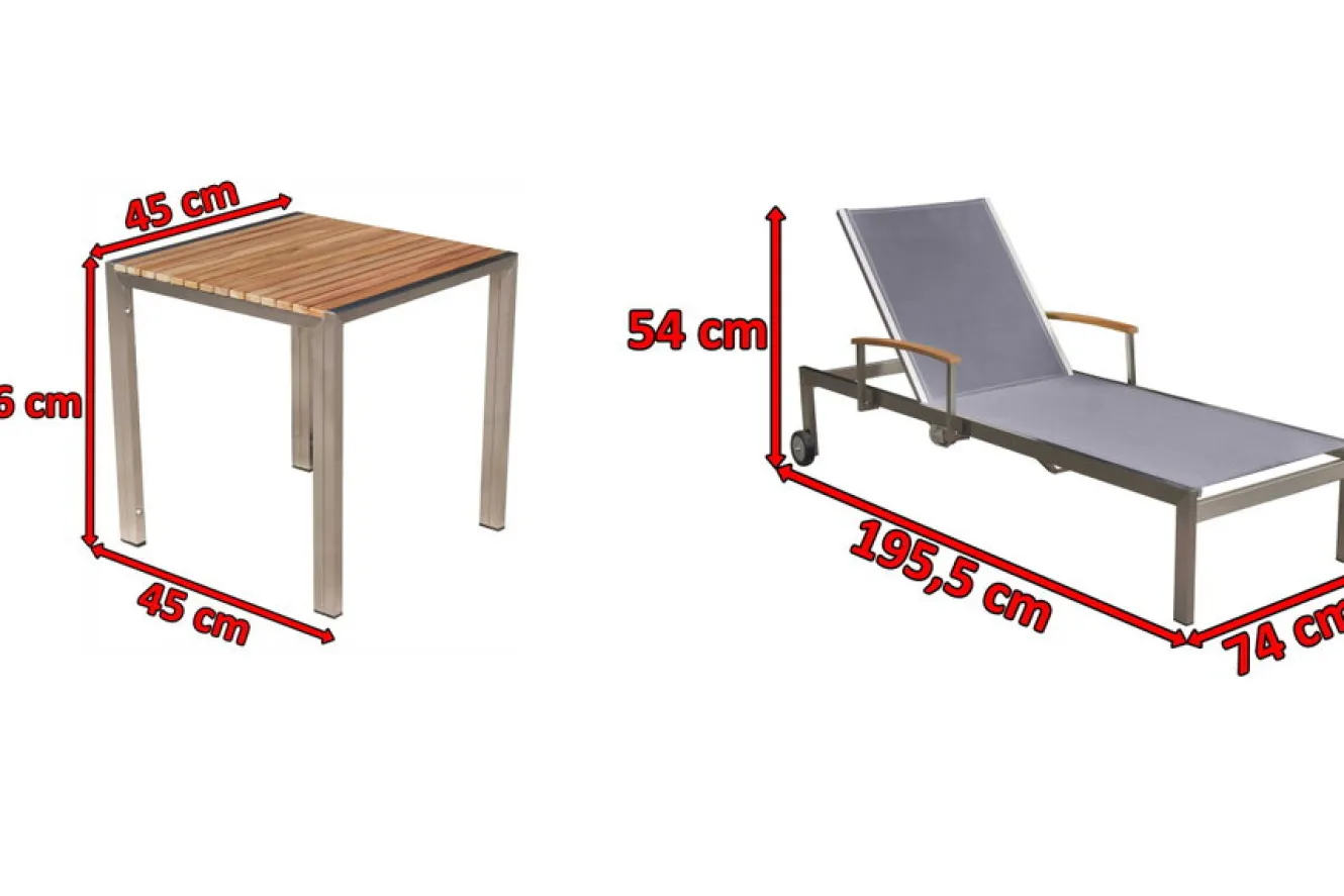OUTFLEXX 2er-Set Sonnenliegen, taupe, Edelstahl/Textilene, 195 x 74 cm, mit Beistelltisch 45 x 45 cm, FSC®-zertifiziertes Produkt