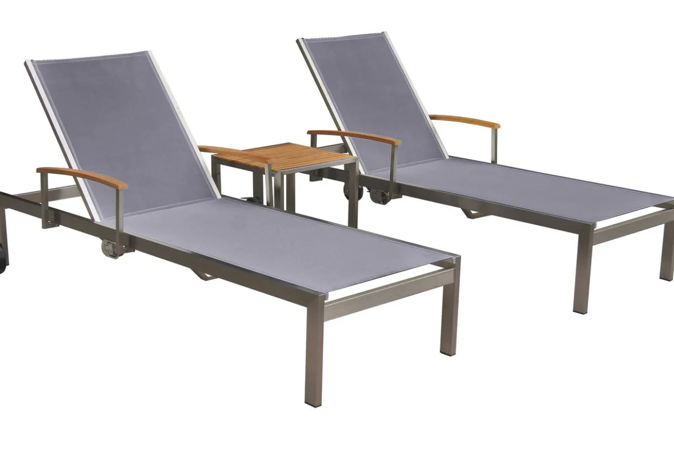 OUTFLEXX 2er-Set Sonnenliegen, taupe, Edelstahl/Textilene, 195 x 74 cm, mit Beistelltisch 45 x 45 cm, FSC®-zertifiziertes Produkt