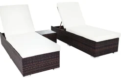 OUTFLEXX 2er-Set Sonnenliegen, braun marmoriert, Polyrattan, je 200x70x45cm, mit Beistelltisch
