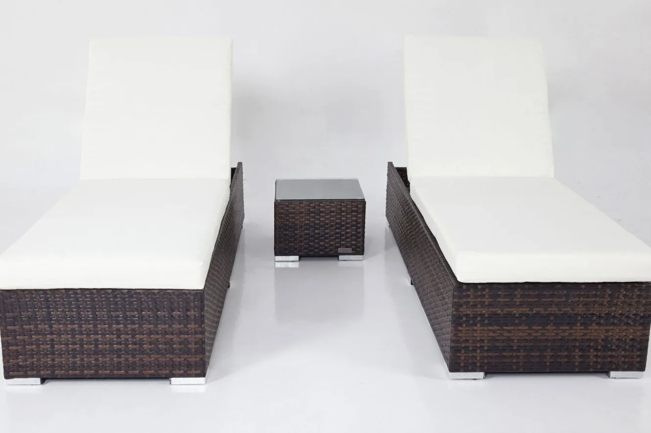 OUTFLEXX 2er-Set Sonnenliegen, braun marmoriert, Polyrattan, je 200x70x45cm, mit Beistelltisch