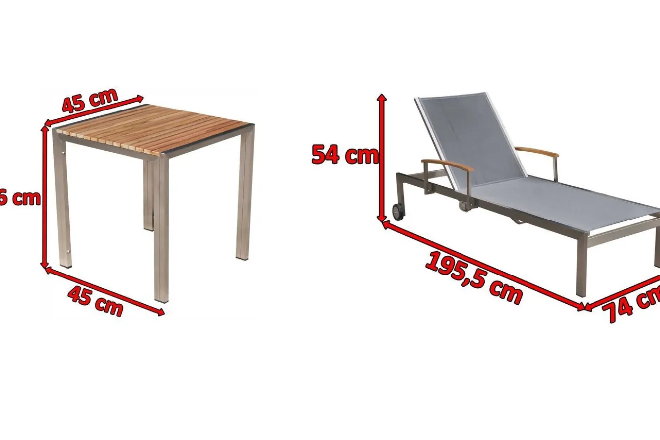 OUTFLEXX 2er-Set Sonnenliegen, silber, Edelstahl/Teak, 195,5x74x35cm, mit Beistelltisch 45x45cm, Teak Armlehnen, FSC®-zertifiziertes Produkt