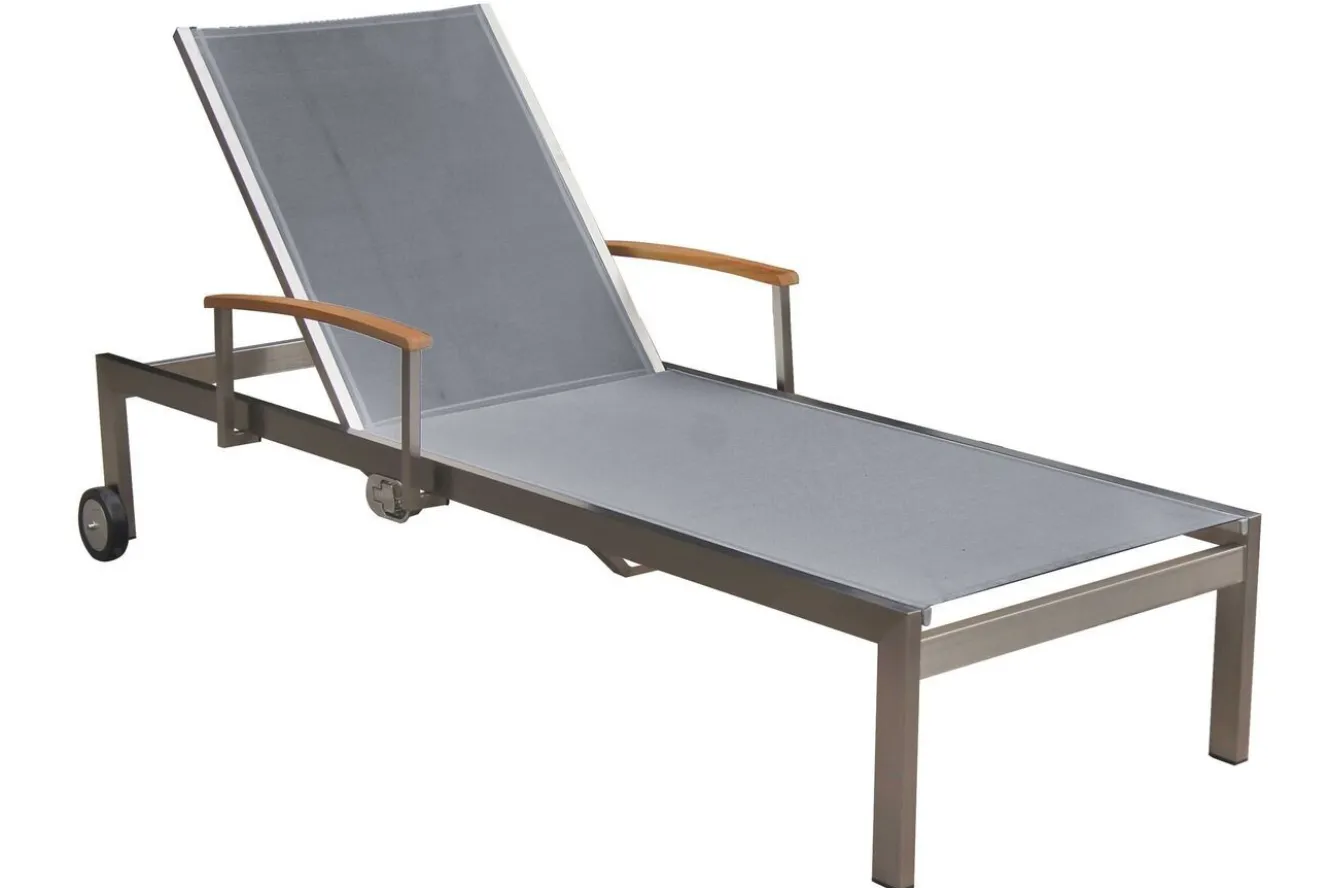 OUTFLEXX 2er-Set Sonnenliegen, silber, Edelstahl/Teak, 195,5x74x35cm, mit Beistelltisch 45x45cm, Teak Armlehnen, FSC®-zertifiziertes Produkt