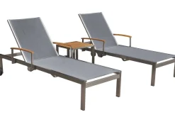 OUTFLEXX 2er-Set Sonnenliegen, silber, Edelstahl/Teak, 195,5x74x35cm, mit Beistelltisch 45x45cm, Teak Armlehnen, FSC®-zertifiziertes Produkt