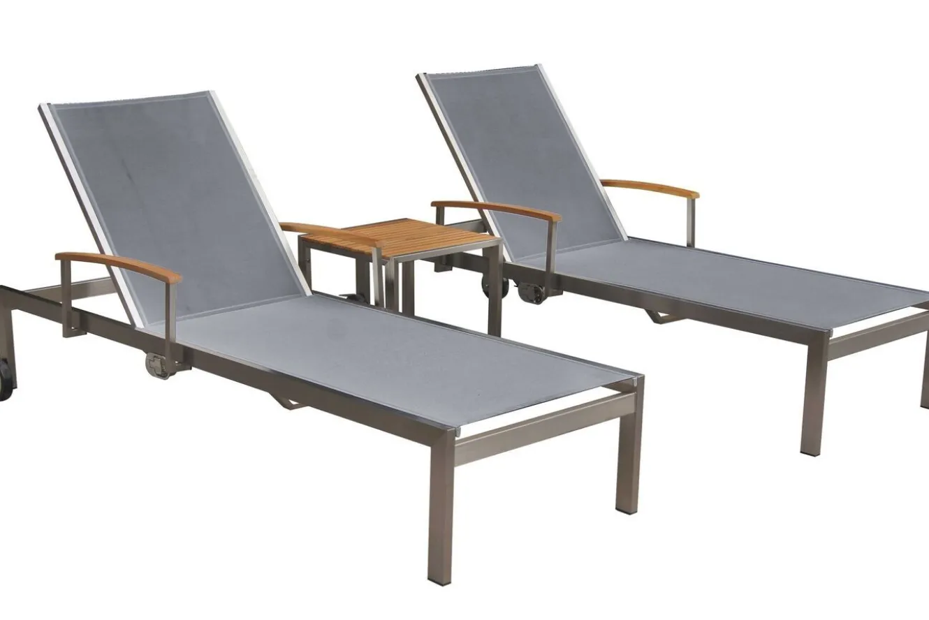 OUTFLEXX 2er-Set Sonnenliegen, silber, Edelstahl/Teak, 195,5x74x35cm, mit Beistelltisch 45x45cm, Teak Armlehnen, FSC®-zertifiziertes Produkt